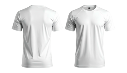 Two clean white t-shirts, front and back views, against a transparent background