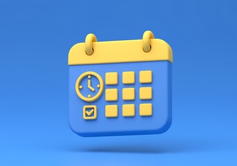 Vibrant 3D Render of a Yellow and Blue Calendar with Time and Check Mark Icons on a Solid Blue Background