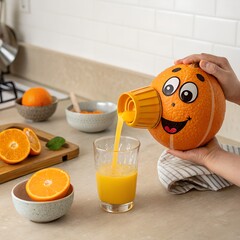 Anthropomorphic Orange Pouring Juice into Glass