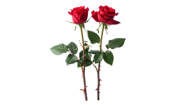 Two red roses stand gracefully, dark background accentuating their vibrant color and delicate petal structure