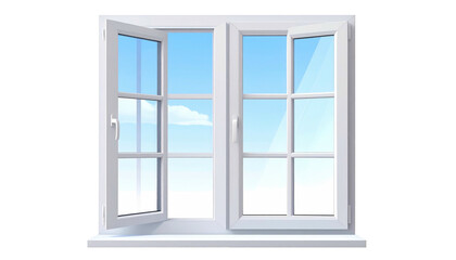 A white, open window with a view of a blue sky and a few clouds is rendered in a simple, digital illustration