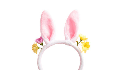Cute bunny ears headband adorned with colorful spring flowers against a stark, dark background