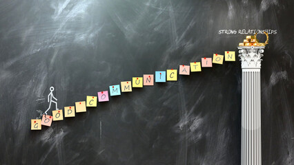 Good Communication leads to Strong Relationships - a metaphor showing how good communication makes the way to reach desired strong relationships. ,3d illustration