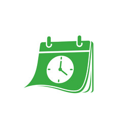 Green calendar with integrated clock icon symbolizing event planning and time management schedule appointment deadline reminder date organizer vector illustration