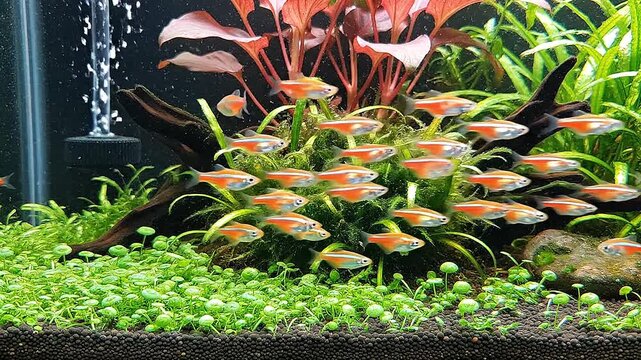 Like living jewels, ember tetras glow in a heavily planted nano setup.