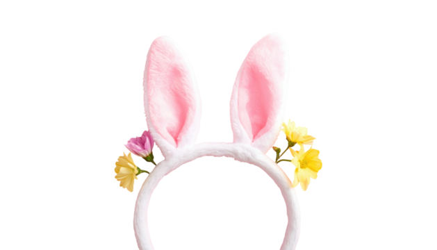 Cute bunny ears headband adorned with colorful spring flowers against a stark, dark background