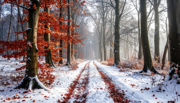 Winter forest path with snow and fallen orange leaves on trees and ground during snowfall in daylight