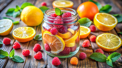 Refreshing infused water with lemon and raspberry in a glass jar