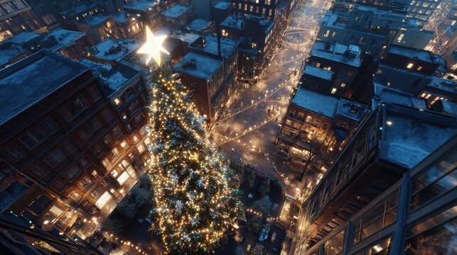 aerial view of christmas tree with star and lights overlooking urban street scene