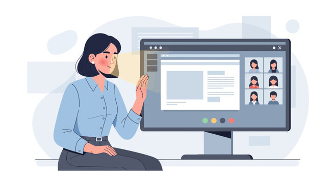 Online Meeting Presenter Illustrating Remote Communication On Desktop Screen In Modern Digital World