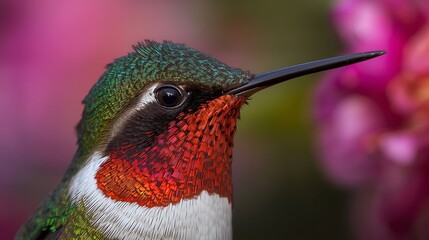 Naklejka premium Close up of a ruby throated hummingbird with vibrant colors against a blurred floral background