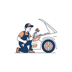 Professional mechanic performing car engine repair with tools automotive service maintenance technician fixing vehicle auto garage workshop assistance illustration
