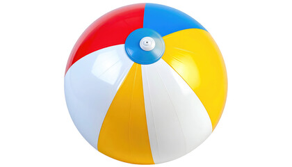 Colorful beach ball with alternating red, white, yellow, and blue panels, centered and isolated on a dark background
