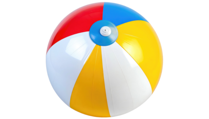Colorful beach ball with alternating red, white, yellow, and blue panels, centered and isolated on a dark background