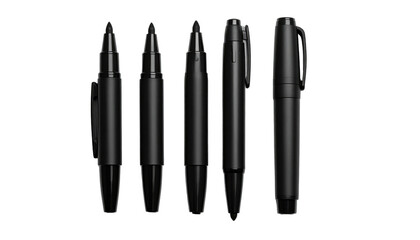 Five black pens of varying styles and shapes are arranged horizontally on a plain, stark black background