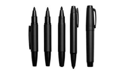 Five black pens of varying styles and shapes are arranged horizontally on a plain, stark black background