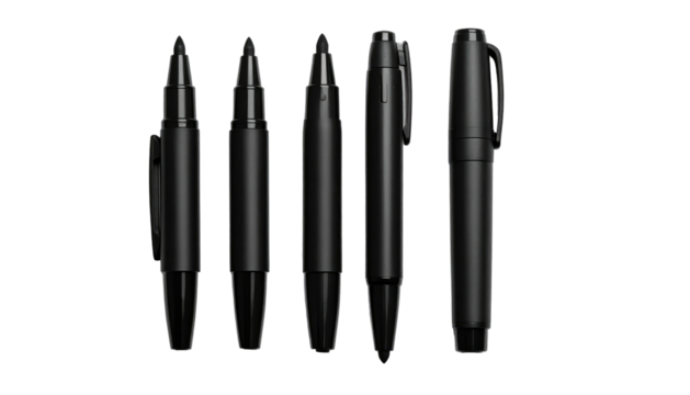 Five black pens of varying styles and shapes are arranged horizontally on a plain, stark black background