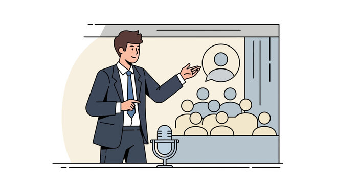 Presenter Delivering Speech During Conference With Audience And Microphone Illustration