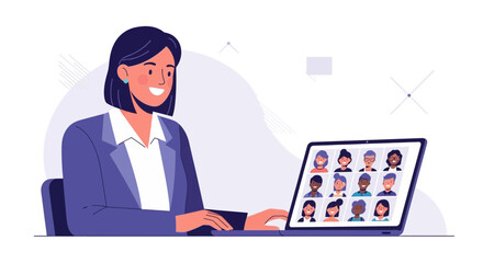 Woman Attending Virtual Meeting With Group of Diverse People on Laptop Screen