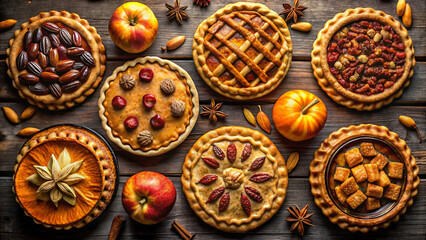 Overhead view of assorted autumn pies and fruits on a rustic wooden surface