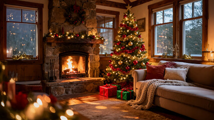 A cozy living room filled with warm holiday light — a beautifully decorated Christmas tree glows beside a fireplace where flames softly dance. The ornaments shimmer in gold and red, gifts rest quietly