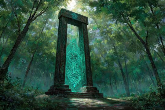 A mysterious green gate standing in the enchanting woods, illuminated by ethereal light