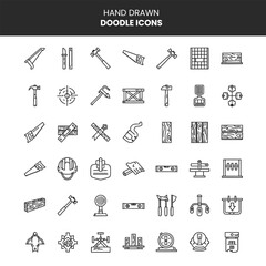 Collection of hand drawn doodle icons representing various professions and tools