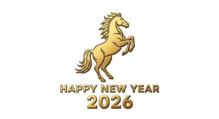 Golden Horse New Year: A majestic golden horse rears up in a dynamic pose, celebrating the arrival of the New Year, accompanied by a festive greeting.