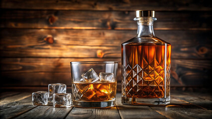 Whiskey bottle and glass with ice on a rustic wooden surface background