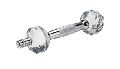 Faceted crystal dumbbell with a textured silver handle, against a stark black background