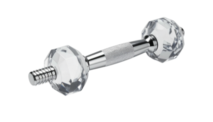 Faceted crystal dumbbell with a textured silver handle, against a stark black background