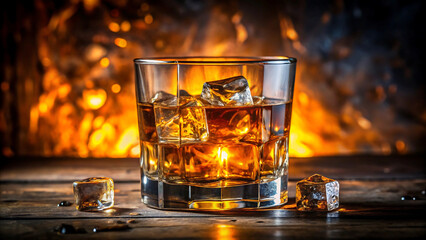 Glass of whiskey with ice cubes on a wooden table in front of fireplace