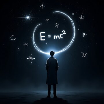 Anime Style Scientist Standing Alone Under Starry Sky Contemplating $E=mc^2$ Formula of Relativity and Light