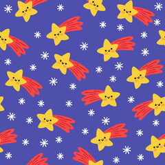 Vector Christmas seamless pattern. New Year repeat background with falling stars, snowflakes. Cute digital paper for kids with holiday night concept. Winter texture with traditional symbols