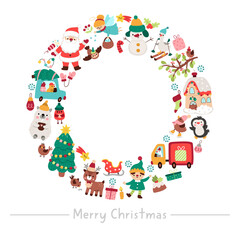 Vector Christmas round frame or wreath with traditional symbols, deer, decorated tree, elf. New Year card template design for banners, invitations. Cute winter holiday illustration with Santa Claus