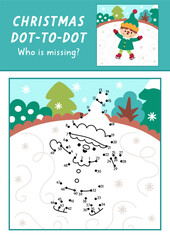 Naklejka premium Christmas vector dot-to-dot and color activity with skating elf, colored winter snowy scene. New Year connect the dots game for children with cute boy. What is missing printable worksheet