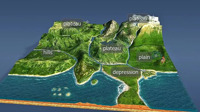 Mountain systems are formed by tectonic forces, creating ranges, peaks, valleys, and highland regions.