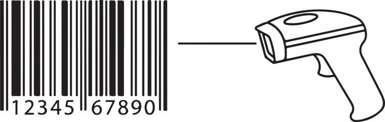 Barcode scanner scanning product code, retail checkout concept, minimalist line art, isolated on white background.