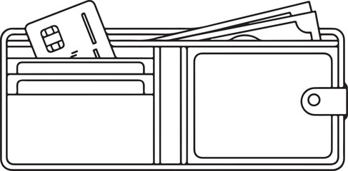 Open wallet with credit cards, payment concept, minimalist line art, finance and shopping icon, isolated on white.