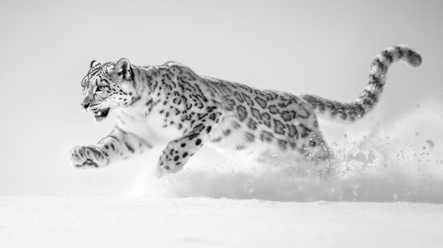 Snow leopard runs in snow, monochrome background for nature, wildlife, or conservation use