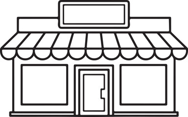 Storefront with awning and windows, retail shop concept, minimalist line art, isolated on white background.