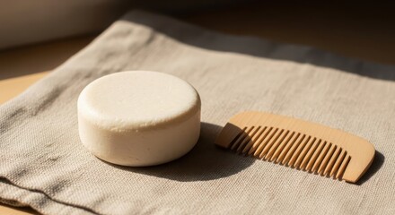 Solid shampoo bar and wooden comb on a linen towel, showcasing ecofriendly and sustainable bathroom essentials for hair care