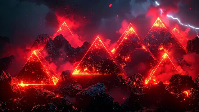 Fiery Pyramids Erupting Amidst Lightning Storms in a Dramatic Digital Landscape