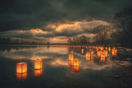 Experience the tranquility of a serene lake at dusk as it reflects the soft glow of lanterns gently floating on its surface.