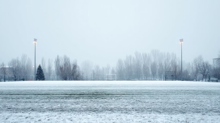 Snow covered soccer field winter scene
