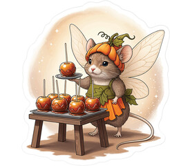 Whimsical autumn fairy mouse with pumpkin hat and apron, presenting a delightful display of homemade candied apples at a charming harvest market