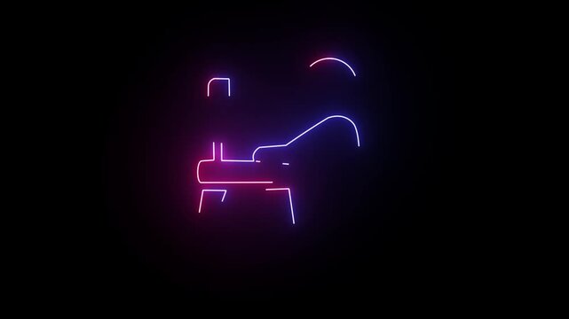 Office worker neon icon isolated on black background. Working place at the table with a laptop. Flat work computer neon glowing blue and red color icon
