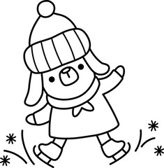 Vector black and white cartoon Christmas ice skating dog in warm hat and clothes clipart. Cute new year little dog illustration for kids. Winter holiday animal with skates line icon, coloring page