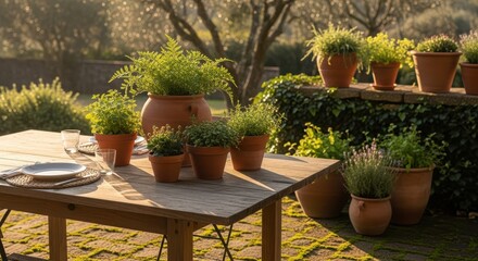 Fototapeta premium Charming outdoor dining scene with potted herbs and plants on a wooden table in a sunlit garden, creating a rustic and inviting atmosphere