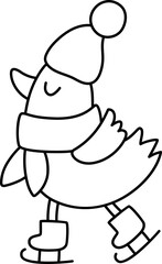 Naklejka premium Vector black and white cartoon Christmas bird in warm hat and scarf clipart. Cute new year little sparrow illustration for kids. Winter holiday animal with skates line icon, coloring page